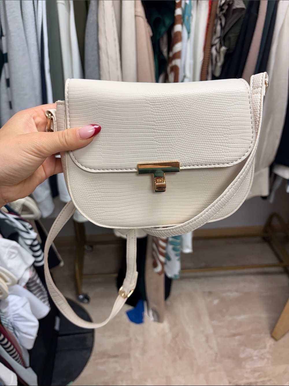 Cream Crossbody Saddle Bag with Gold-Tone Hardware